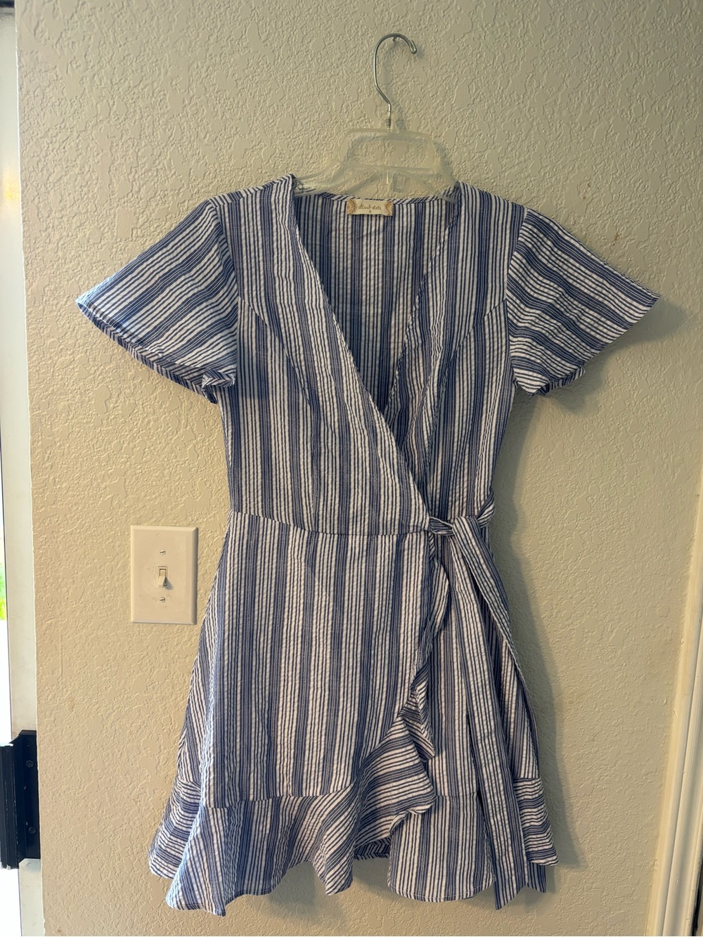 Altar’d State blue and white stripes seersucker ruffle wrap dress size small